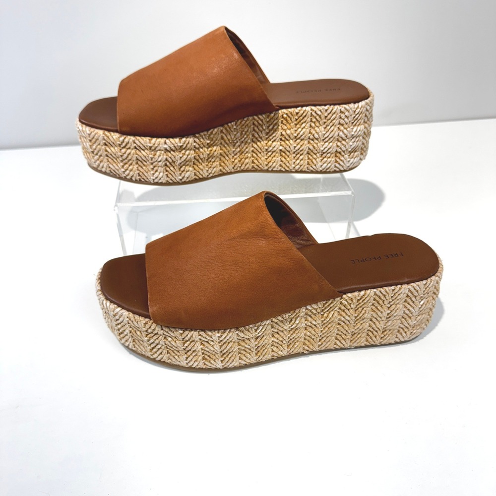 Free People Harbor Flatform Sandals Tan Leather Platform Slides Mule Sz 8